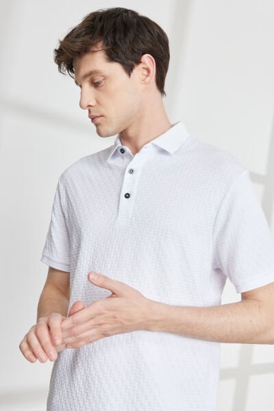 Altınyıldız 4A4823200020 Beyaz Erkek Slim Fit Dar Kesim Yarı Düğmeli  Polo Yaka Jakarlı Kısa Kollu Tşört