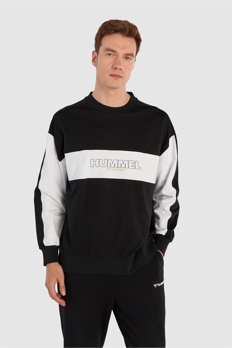 HUMMEL 921919 HMLCOSIMO Siyah Erkek Göğüsten İnce İp Yazılı İki İplik Bisiklet Yaka Sweat