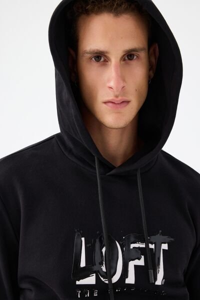 Loft LF2041579 Siyah Erkek %100 Pamuk Kapüşonlu Baskılı Sweatshirt