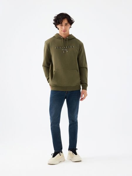 Loft LF2041023 Haki Erkek Önü Baskılı Kanguru Cepli Kapüşonlu Sweatshirt