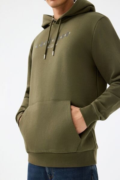 Loft LF2041023 Haki Erkek Önü Baskılı Kanguru Cepli Kapüşonlu Sweatshirt