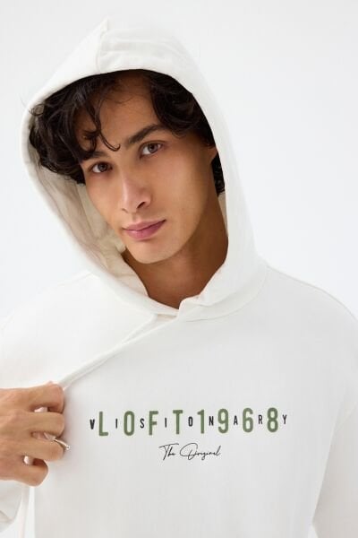 Loft LF2041023 Ekru Erkek Önü Baskılı Kanguru Cepli Kapüşonlu Sweatshirt