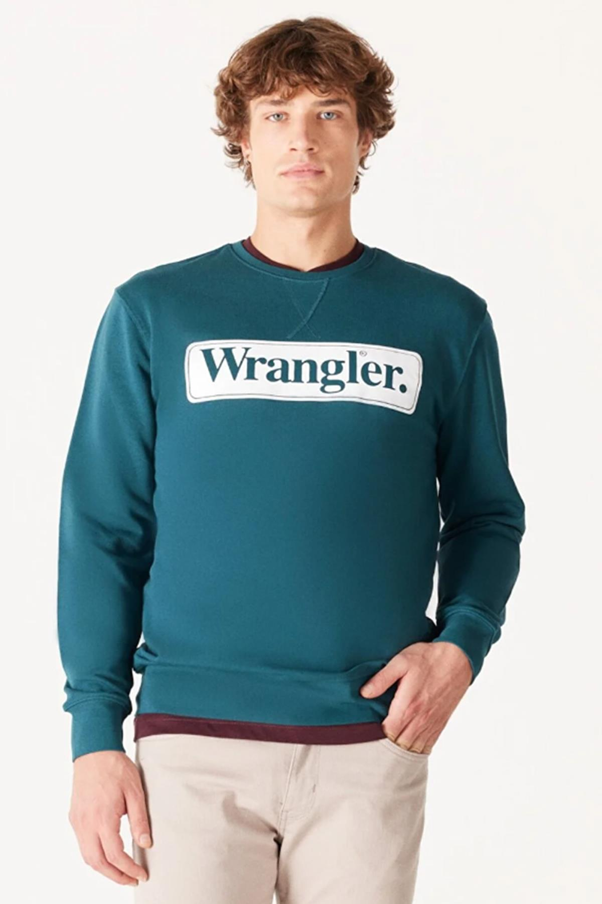 Wrangler W6F3I3G03 Yeşil-Beyaz Önü Wrangler Baskılı Bisiklet Yaka Erkek Sweat