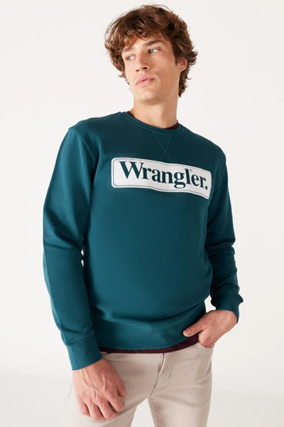 Wrangler W6F3I3G03 Yeşil-Beyaz Önü Wrangler Baskılı Bisiklet Yaka Erkek Sweat
