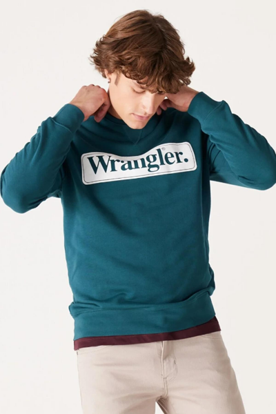 Wrangler W6F3I3G03 Yeşil-Beyaz Önü Wrangler Baskılı Bisiklet Yaka Erkek Sweat