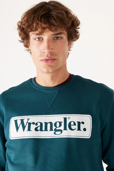 Wrangler W6F3I3G03 Yeşil-Beyaz Önü Wrangler Baskılı Bisiklet Yaka Erkek Sweat