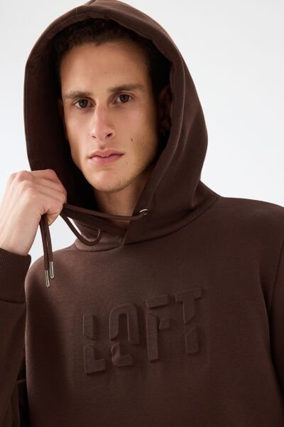 Loft LF2041392 Açık Kahverengi Erkek Kapüşonlu Kabartma Baskılı Şardonlu Sweatshirt