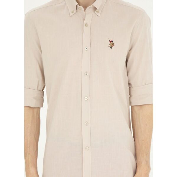 U.S Polo 1829583 Taş Erkek Regular Fit Normal Kesim Düğmeli Yaka Uzun Kol Gömlek