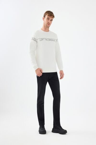 Loft LF2041075 Ekru Erkek Bisiklet Yaka Önü Baskılı İki İplik Sweat
