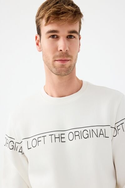 Loft LF2041075 Ekru Erkek Bisiklet Yaka Önü Baskılı İki İplik Sweat