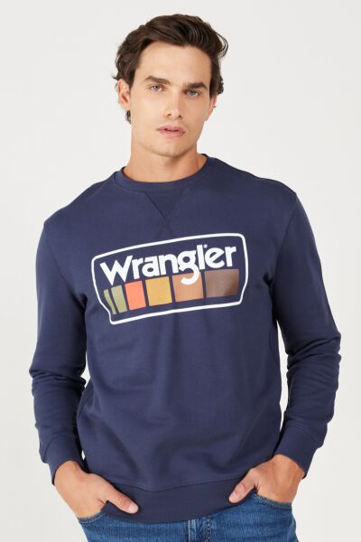 Wrangler W646H1114 Lacivert Erkek Göğüsten Yazı Detaylı Bisiklet Yaka Üç İplik Sweat