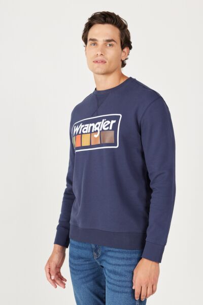 Wrangler W646H1114 Lacivert Erkek Göğüsten Yazı Detaylı Bisiklet Yaka Üç İplik Sweat