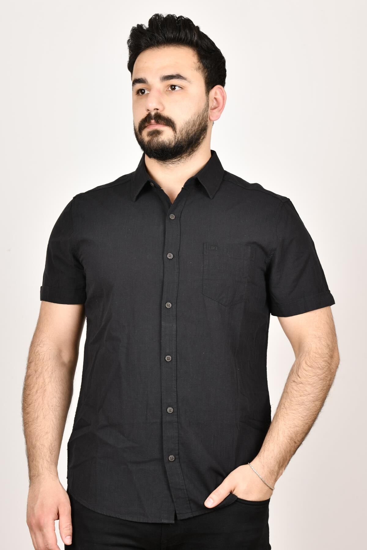 Loft 2024492 Erkek Siyah Kısa Kol Cepli Gömlek