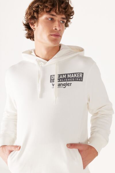 Wrangler W232242102 Ekru Erkek Sol Göğüste Yazı Detaylı Kapüşonlu İki İplik Sweat