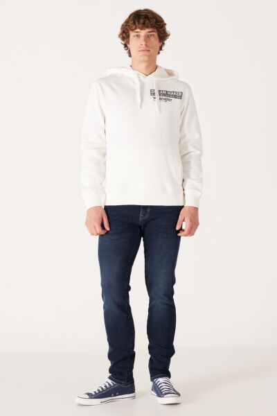 Wrangler W232242102 Ekru Erkek Sol Göğüste Yazı Detaylı Kapüşonlu İki İplik Sweat