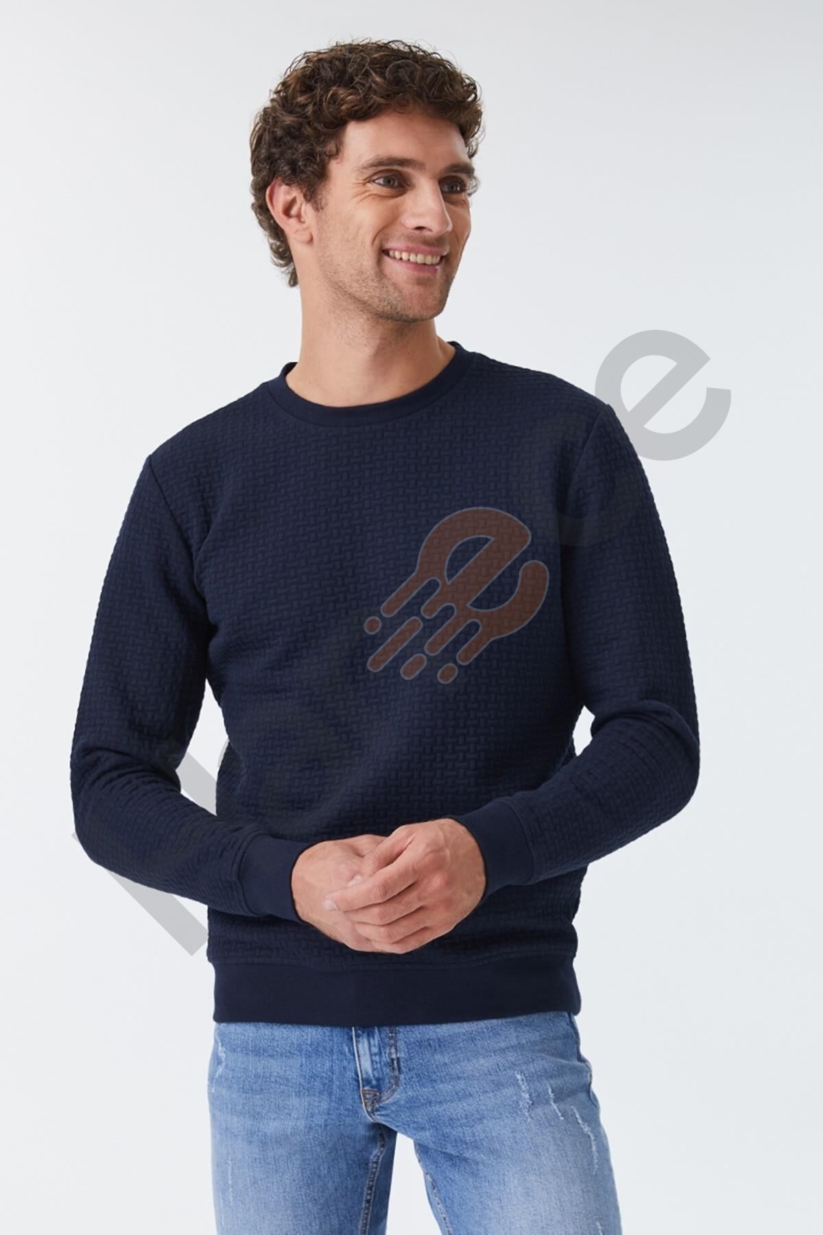 Loft 2025441 Lacivert Kabartmalı Bisiklet Yaka Erkek Sweat