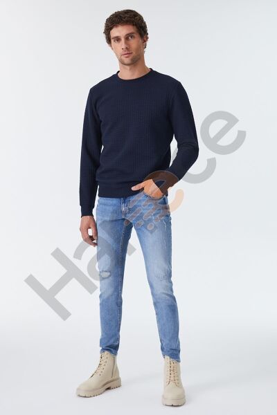 Loft 2025441 Lacivert Kabartmalı Bisiklet Yaka Erkek Sweat