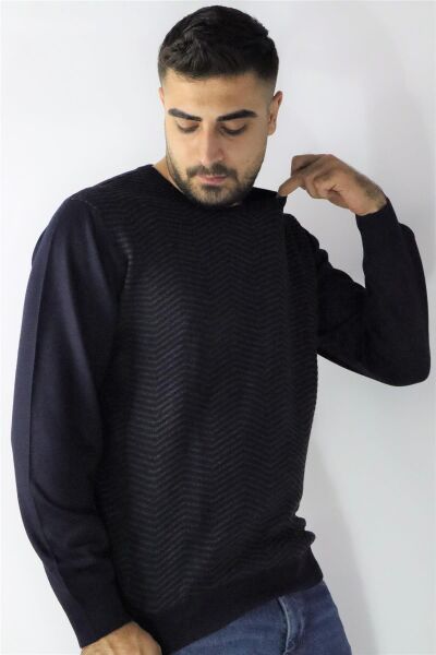 Morven 22KC017007 Erkek Lacivert Bisiklet Yaka Çizgi Desen Triko Kazak