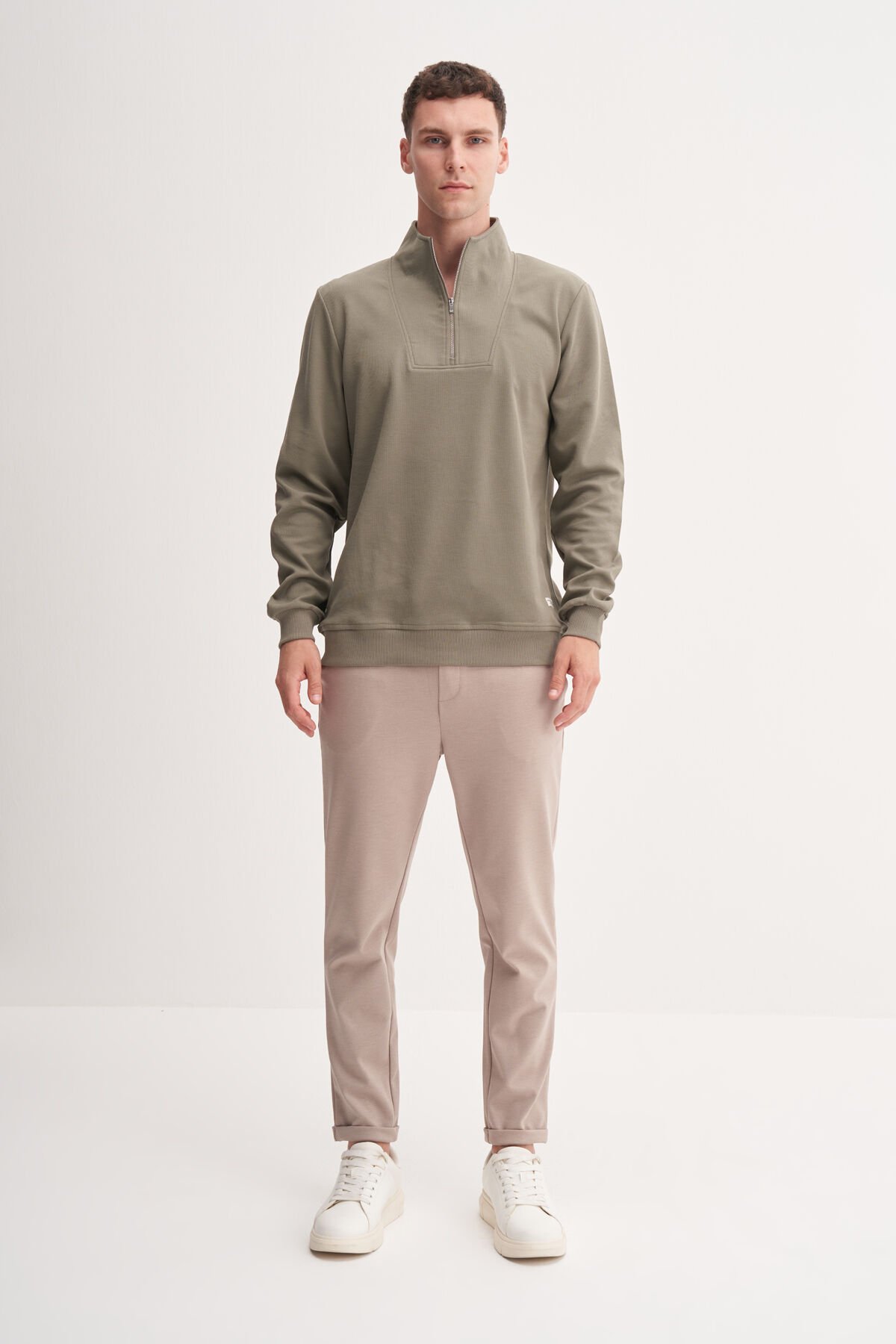 Cazador 53075 Haki Erkek Dik Yaka Yarım Fermuarlı Regular Fit Sweatshirt