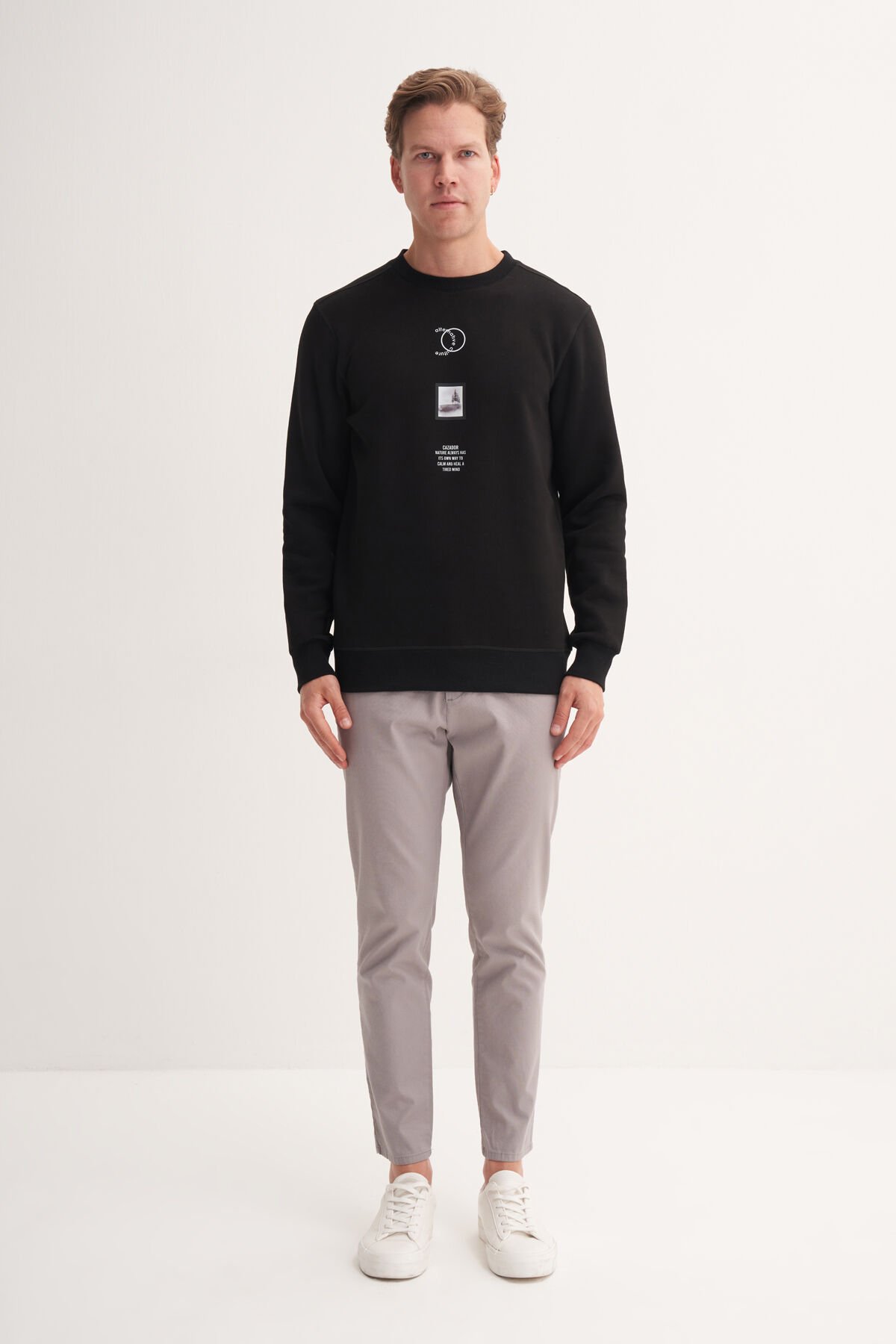 Cazador 53610 Siyah Erkek Bisiklet Yaka Baskılı Regular Fit Sweatshirt