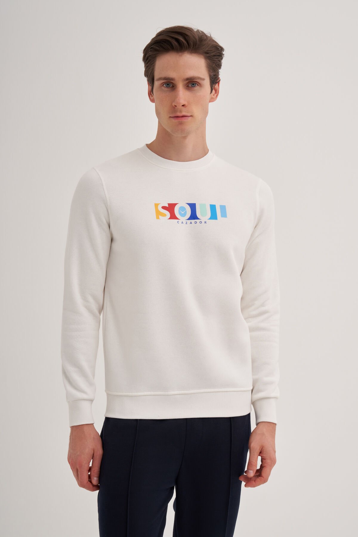 Cazador 24KCEEO05161 Ekru Erkek Bisiklet Yaka Önü Soul Yazılı Sweat