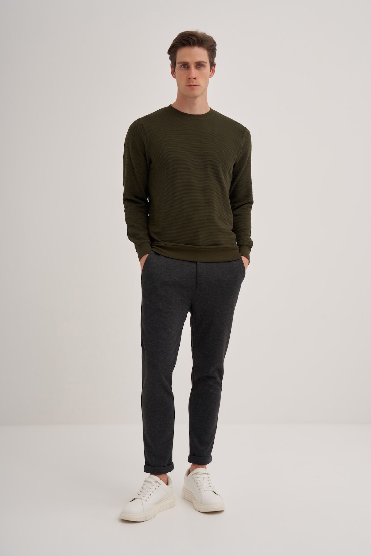 Cazador 52470 Haki Erkek Bisiklet Yaka Fitilli Slim Fit Sweatshirt