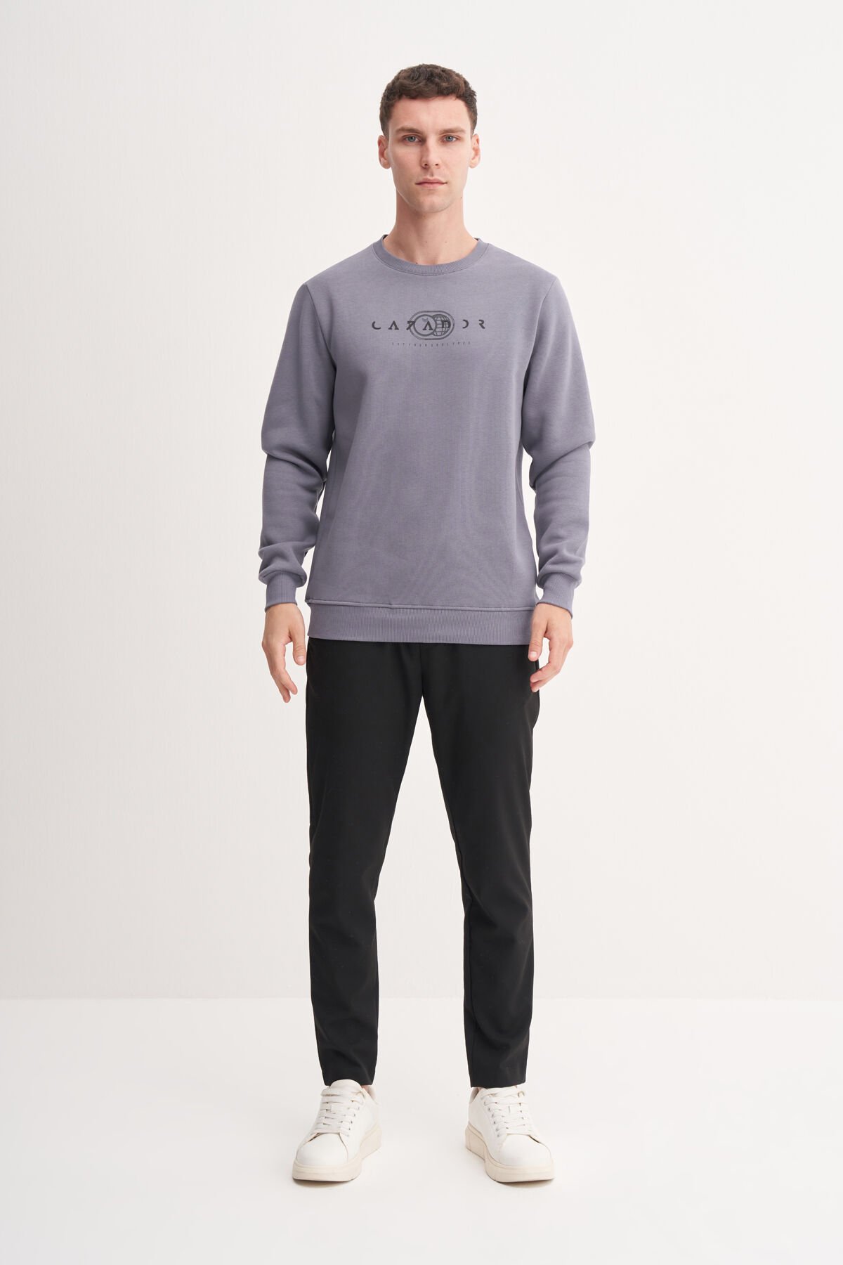 Cazador 53625 Koyu Gri Erkek Bisiklet Yaka Baskılı Regular Fit Sweatshirt