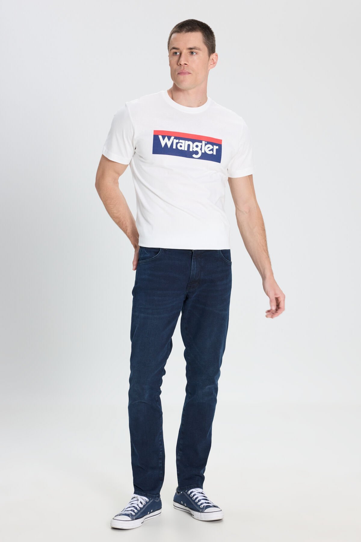 Wrangler W18S4014805 Larston Koyu Mavi Erkek Silim Tapared Dar Paça Normal Bel Kot Pantalon