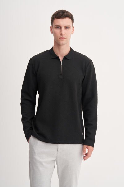 Cazador 53420 Siyah Erkek Polo Yaka Yarım Fermuarlı Kendinden Desenli Sweatshirt