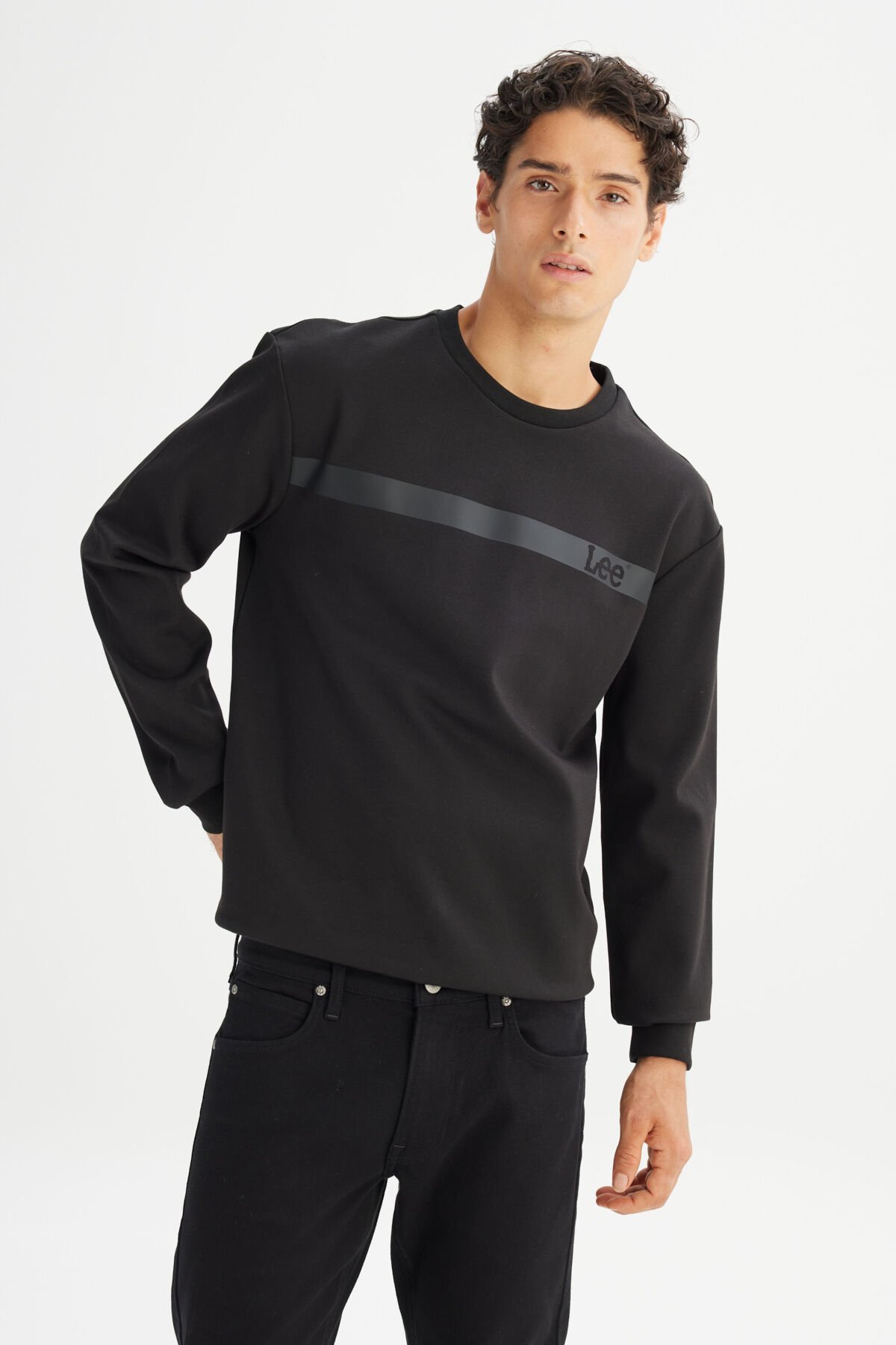 Lee L242499001 Siyah Erkek Bisiklet Yaka Siyah Şerit Çizgili İçi Polarlı Sweat
