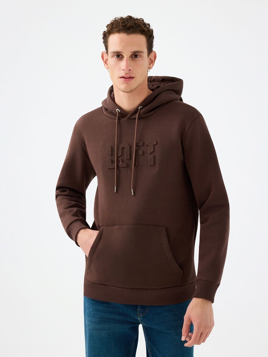Loft LF2041392 Kahverengi Erkek Kapüşonlu Kabartma Baskılı Şardonlu Sweatshirt