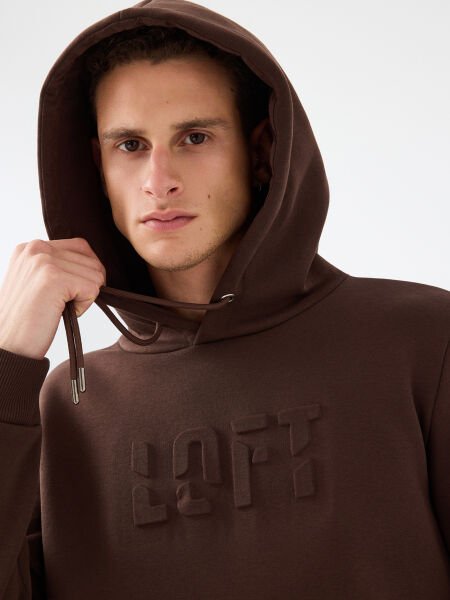 Loft LF2041392 Kahverengi Erkek Kapüşonlu Kabartma Baskılı Şardonlu Sweatshirt