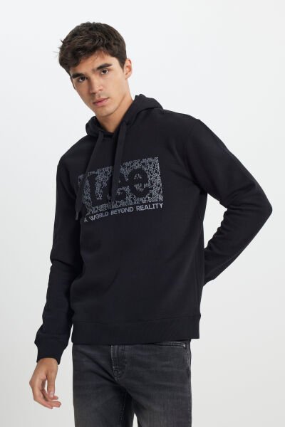 Lee L242168001 Siyah Erkek Kapüşonlu Önü Baskılı Yazı Detaylı Üç İplik Sweat