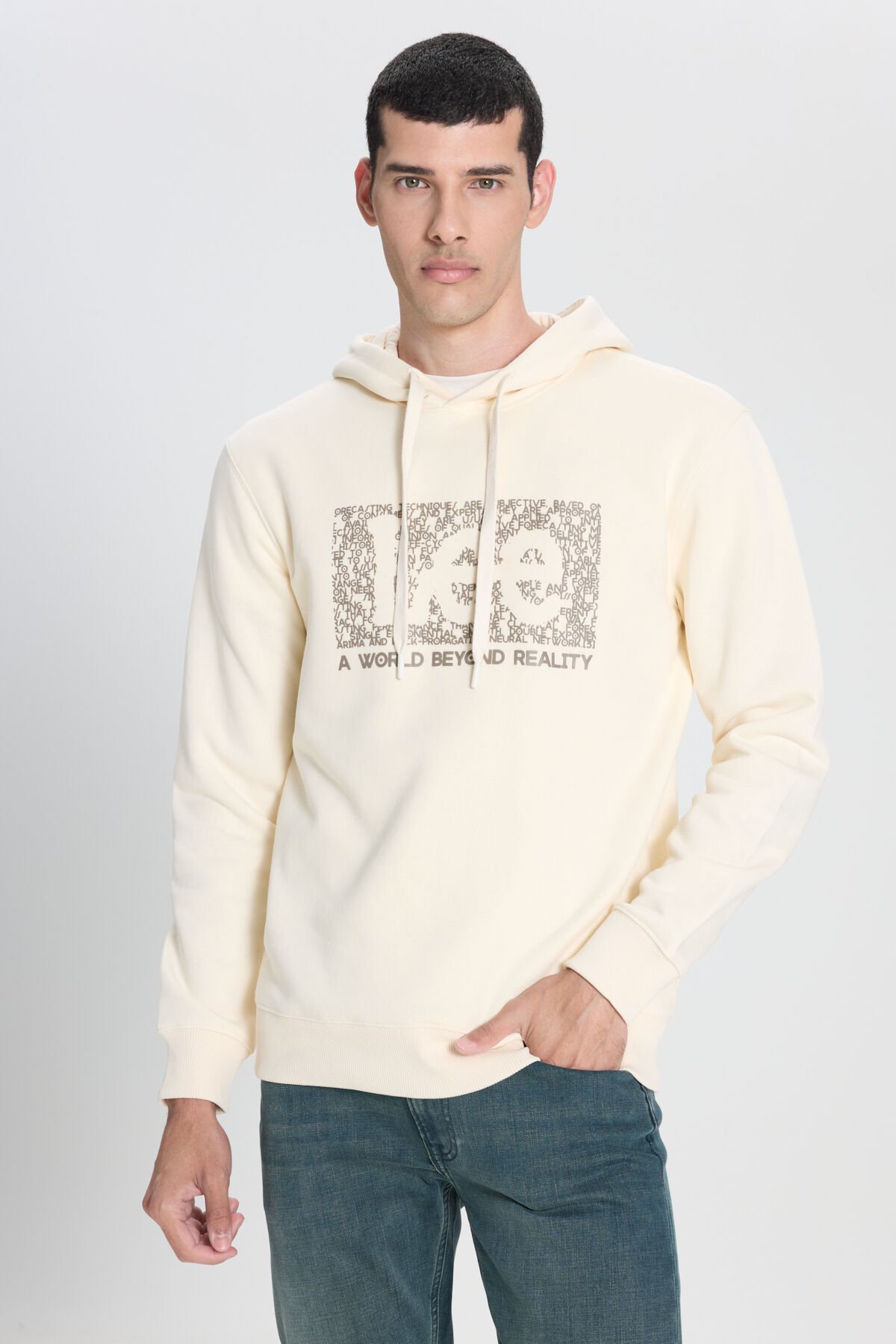Lee L242168104 Ekru Erkek Kapüşonlu Kabartma Yazı Detaylı Üç İplik Sweat