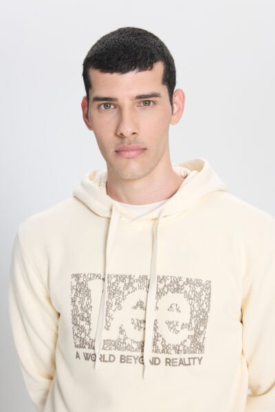 Lee L242168104 Ekru Erkek Kapüşonlu Kabartma Yazı Detaylı Üç İplik Sweat