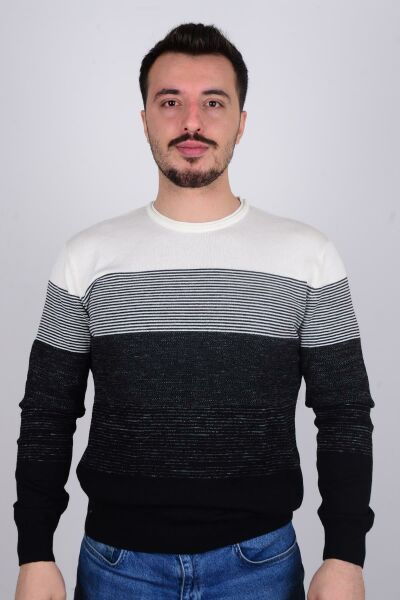 Cazador 3036 Ekru Önü Çizgili Bisiklet Yaka Erkek Kazak