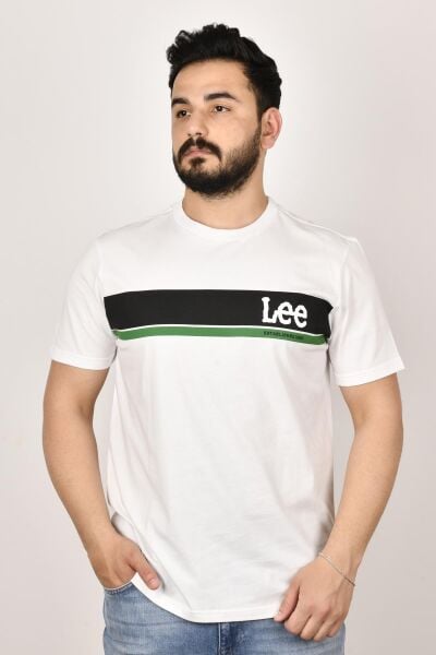 Lee L211918102 Erkek Beyaz Önü Yazılı Bisiklet Yaka T-shirt