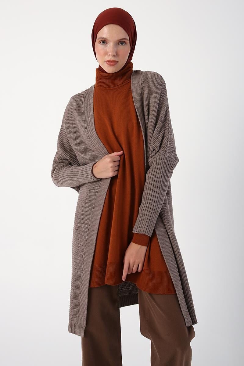 Allday BTW93093 Vizon Kadın Altıgen Kol Detaylı Sünger Görünümlü Hırka