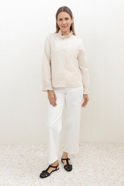 Allday X51341A0 Kadın Taş Düğmeli Yaka ve Kol Piliseli Gömlek