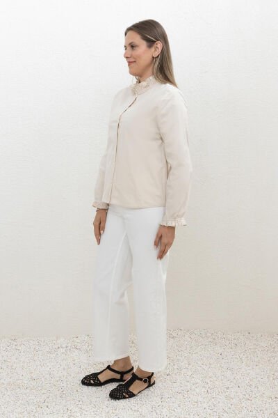 Allday X51341A0 Kadın Taş Düğmeli Yaka ve Kol Piliseli Gömlek