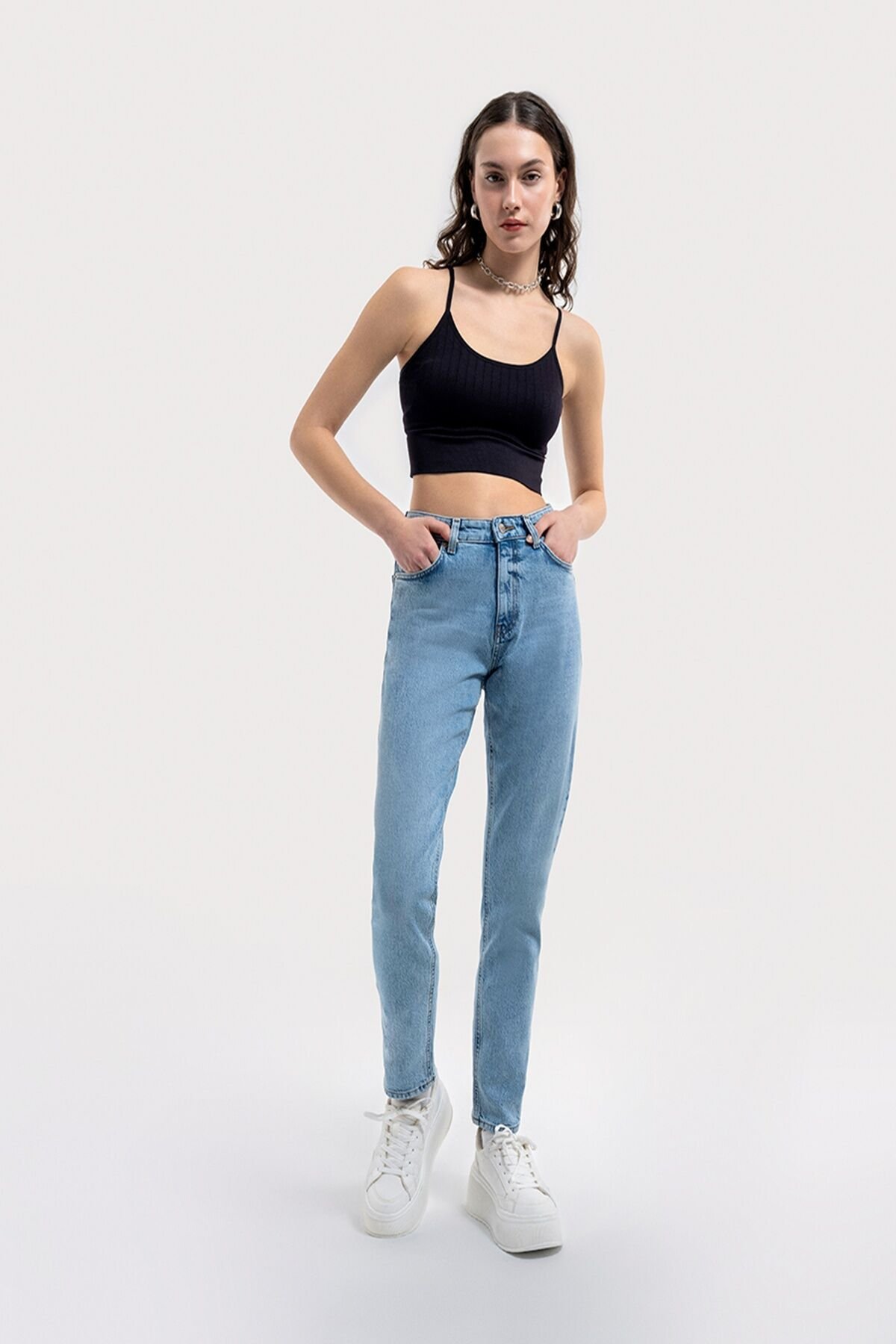 Loft 2036157 Mavi Kadın Mom Slim Fit Yüksek Bel Dar Paça Kot Pantolon