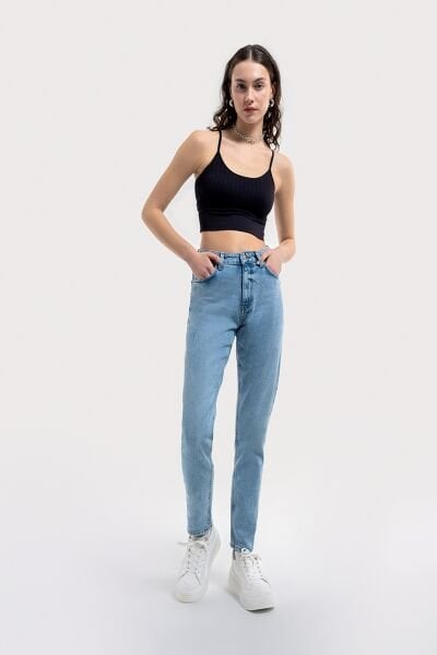 Loft 2036157 Mavi Kadın Mom Slim Fit Yüksek Bel Dar Paça Kot Pantolon