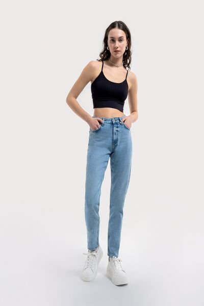 Loft 2036157 Mavi Kadın Mom Slim Fit Yüksek Bel Dar Paça Kot Pantolon