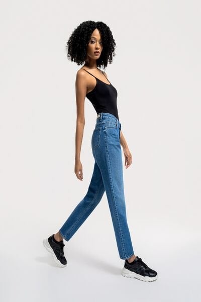 Loft 2036156 Mavi Kadın Mom Fit Yüksek Bel Dar Paça Kot Pantolon