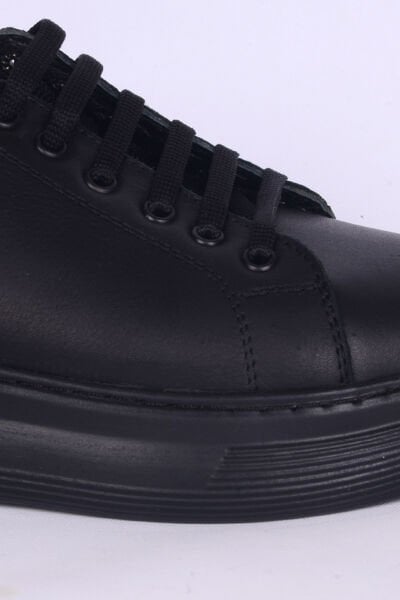 New Onix 037A Deri Ortopedik Taban Bağcıklı Yüksek Taban Rahat Esnek Siyah Günlük Kadın Ayakkabı