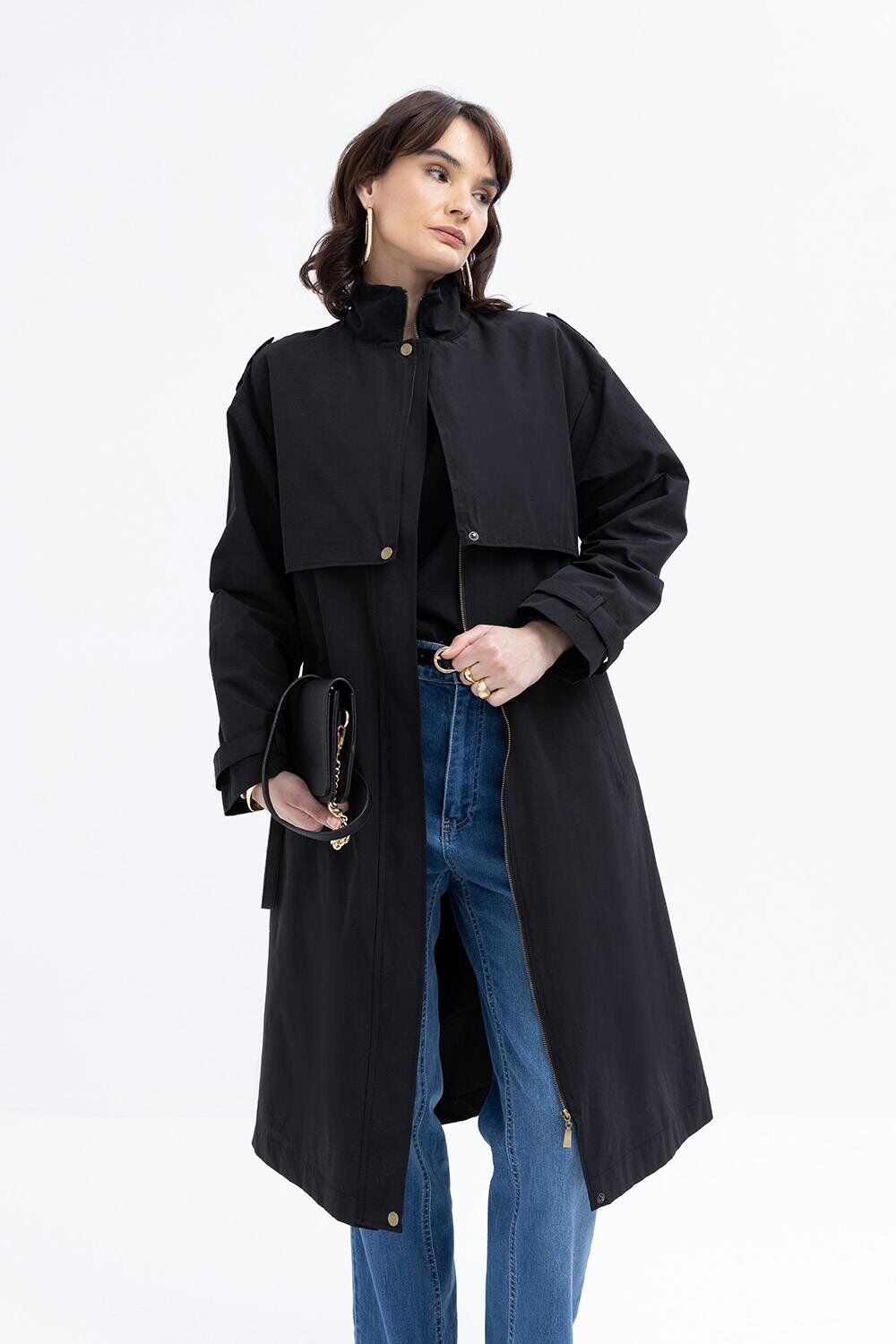 Allday B87029A0 Siyah Kadın Cepli Rüzgarlıklı Trençkot