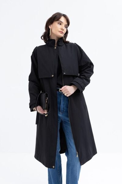 Allday B87029A0 Siyah Kadın Cepli Rüzgarlıklı Trençkot