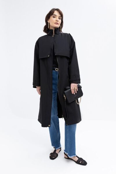 Allday B87029A0 Siyah Kadın Cepli Rüzgarlıklı Trençkot
