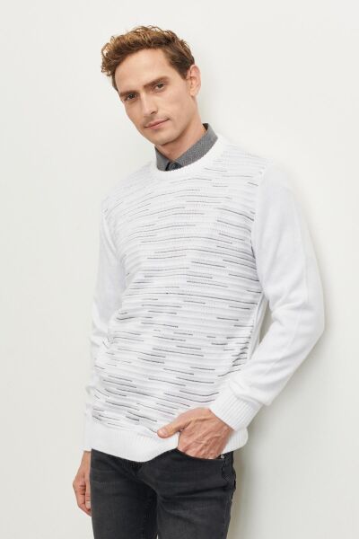 Altınyıldız 4A4923100043 Erkek Kemik-Gri Çizgili Bisiklet Yaka Kazak