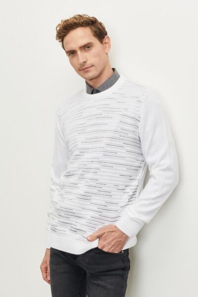 Altınyıldız 4A4923100043 Erkek Kemik-Gri Çizgili Bisiklet Yaka Kazak